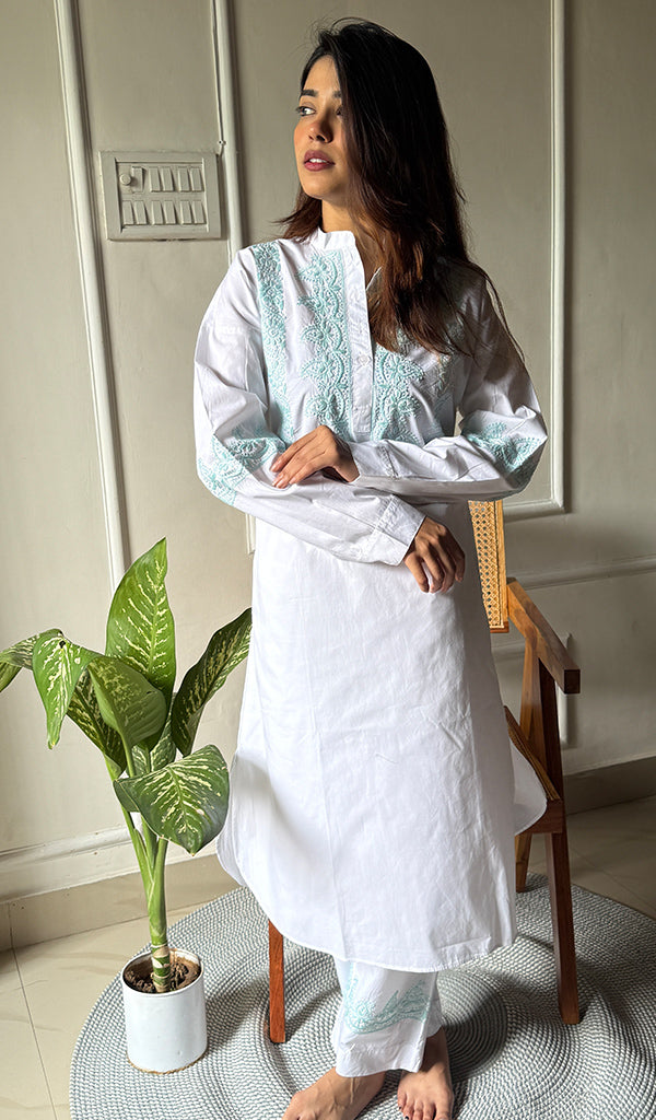 Enayat Women's Lakhnavi Handcrafted Cotton Chikankari Oversized Kurta And Pant Set - HONC0293630