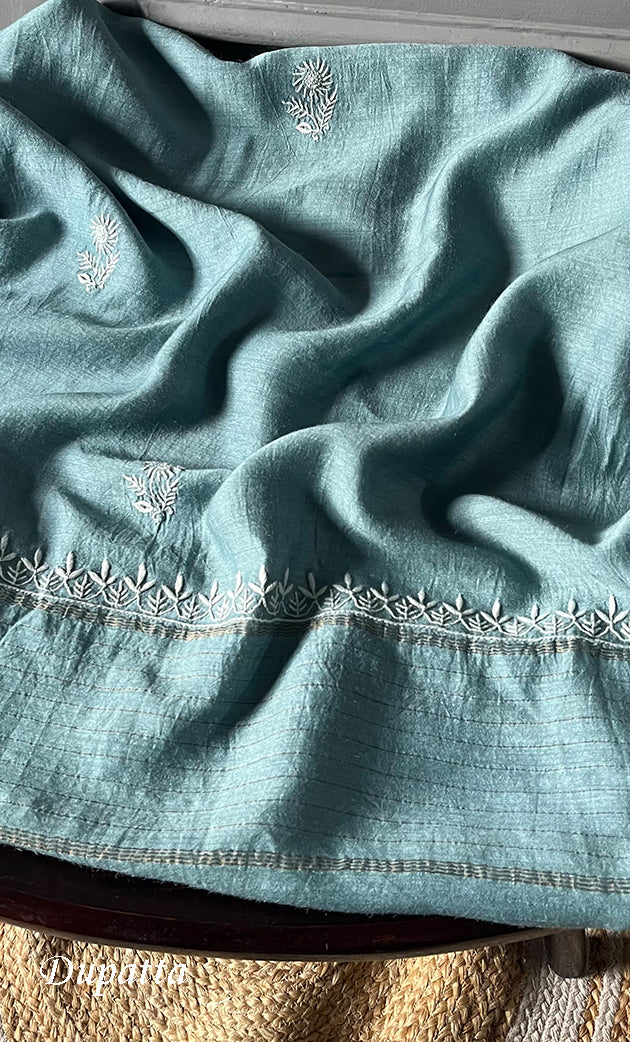 Women's Lakhnavi Handcrafted Munga Silk Chikankari Kurta And Dupatta Set- HONC0275145