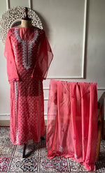 Load image into Gallery viewer, Saziya Women's Lakhnavi Handcrafted Mul Chanderi Semi - Stitched Kurta And Dupatta Set - HONC0339559