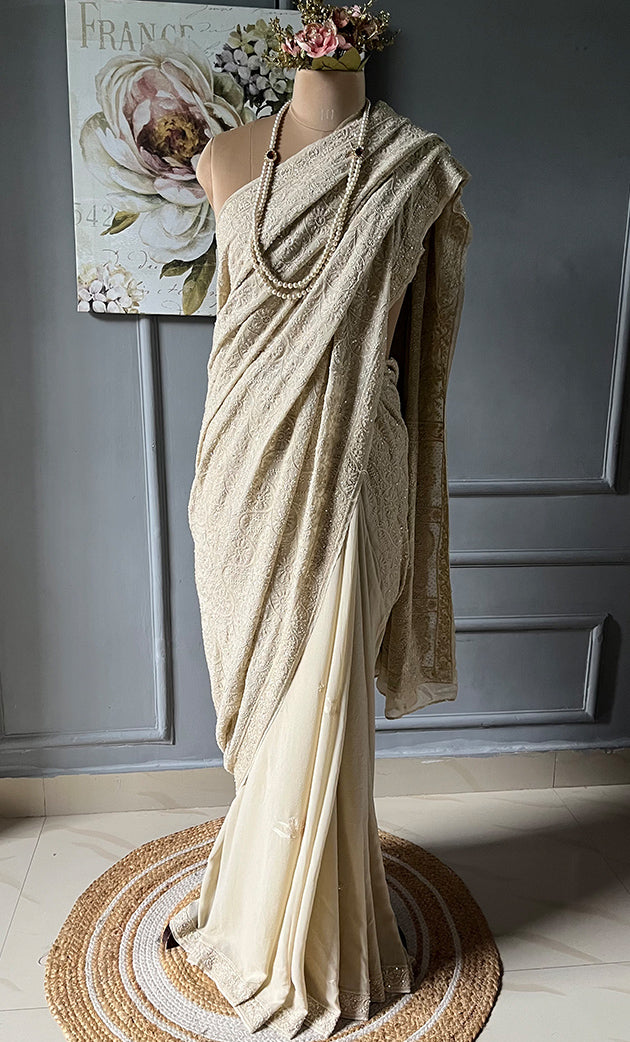 Women's Lakhnavi Handcrafted Pure Silk Georgette Chikankari - HONC0288394