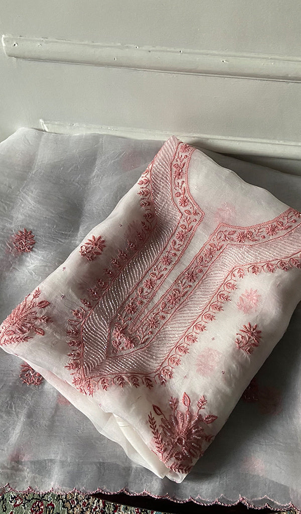 Women's Lakhnavi Handcrafted Pure Organza Chikankari Unstitched Kurta And Dupatta Set- HONC0340872