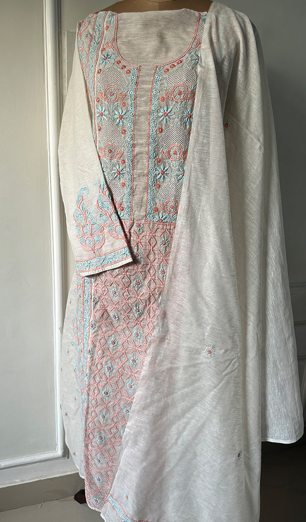 Women's Lakhnavi Handcrafted Linen Cotton Semi -Stitched Kurta And Dupatta Set - HONC0269961