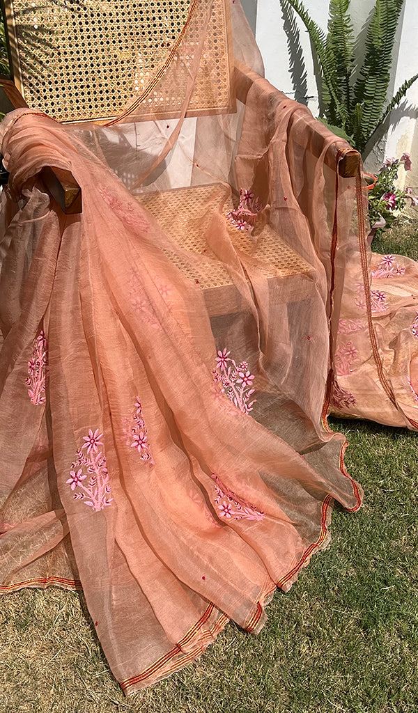 Women's Lucknowi Handcrafted Pure Organza Silk Chikankari SAREE - HONC0269063
