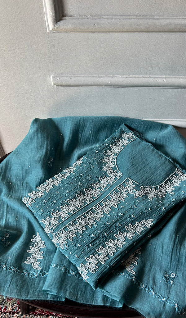 Saziya Women's Lakhnavi Handcrafted Mul Chanderi Semi - stitched Chikankari Full Suit Material - HONC0371115