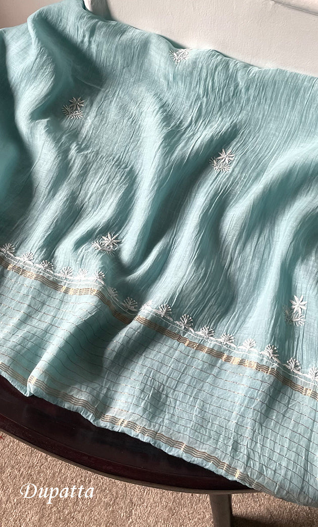 Women's Lakhnavi Handcrafted Mul Chanderi Semi - stitched Chikankari Full Suit Material - HONC0323620