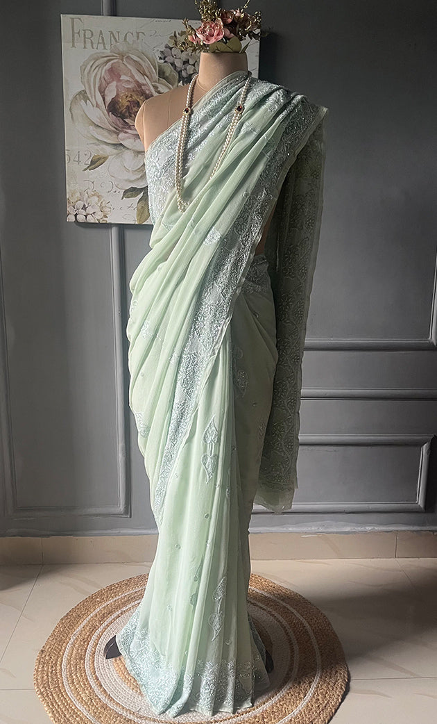 Women's Lakhnavi Handcrafted Pure Silk Georgette Chikankari - HONC0284208