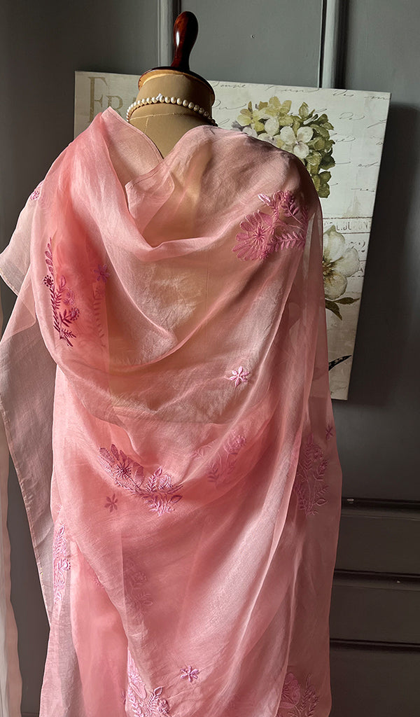 Women's Lucknowi Handcrafted Pure Organza Silk Chikankari Saree - HONC0268556
