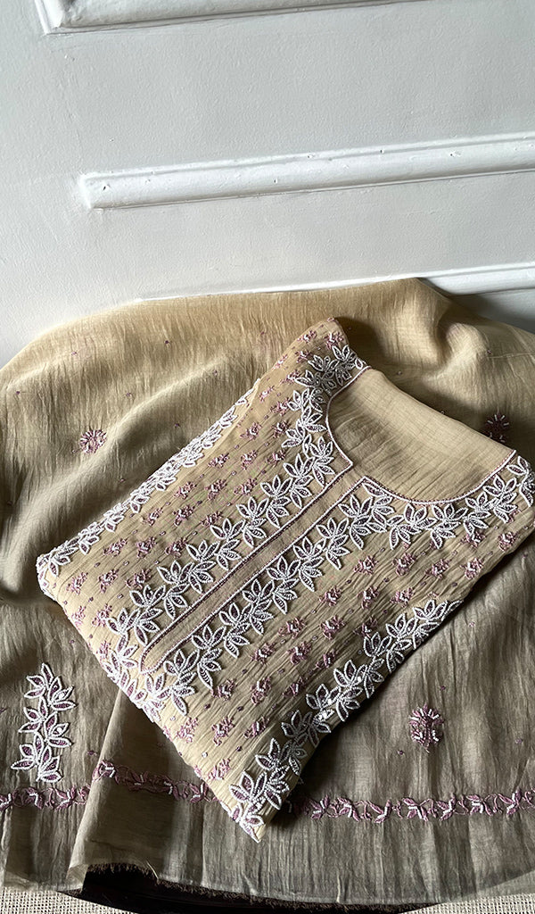 Saziya Women's Lakhnavi Handcrafted Mul Chanderi Semi - stitched Chikankari Full Suit Material - HONC0321284