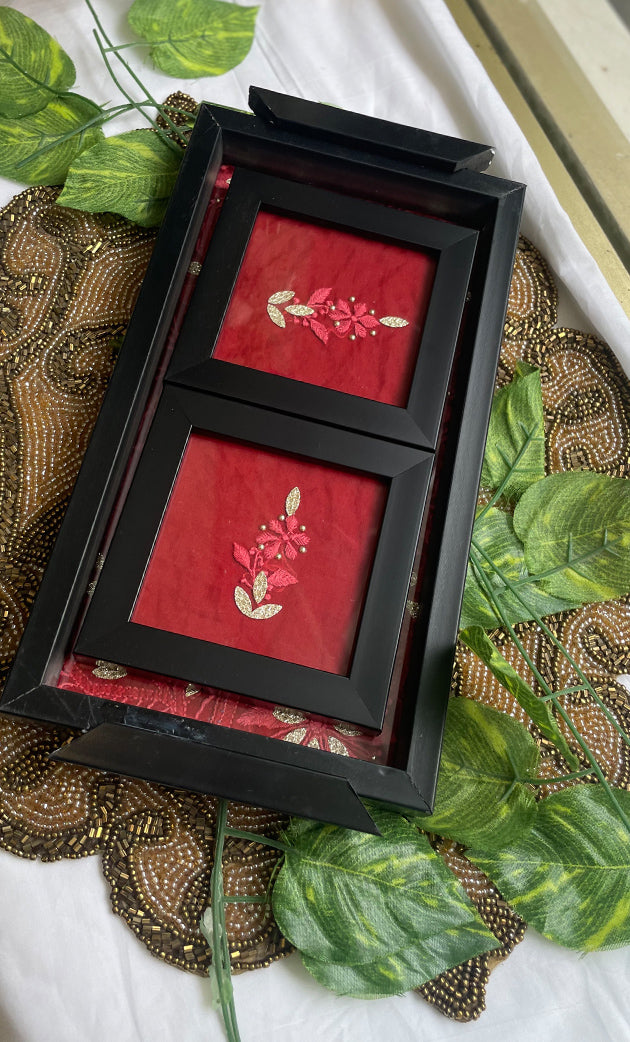 Handcrafted Chikankari Tray with Two Coasters – Wooden Frame - HONC0313528