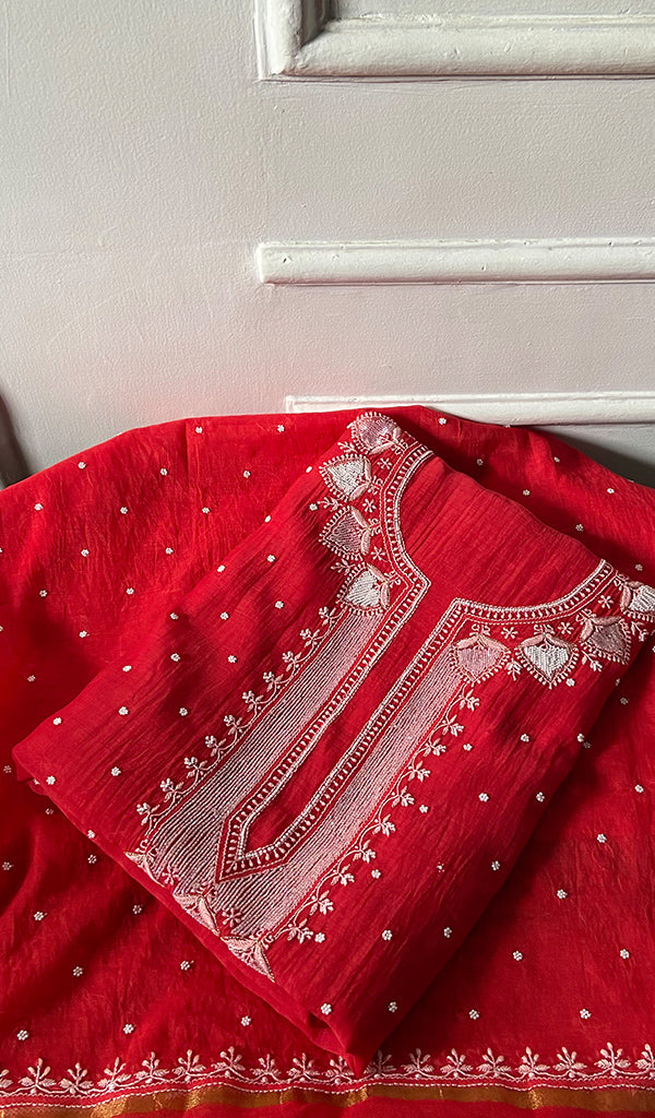 Jazba Women's Lakhnavi Handcrafted Mul Chanderi Unstitched Chikankari Full Suit - HONC0370175