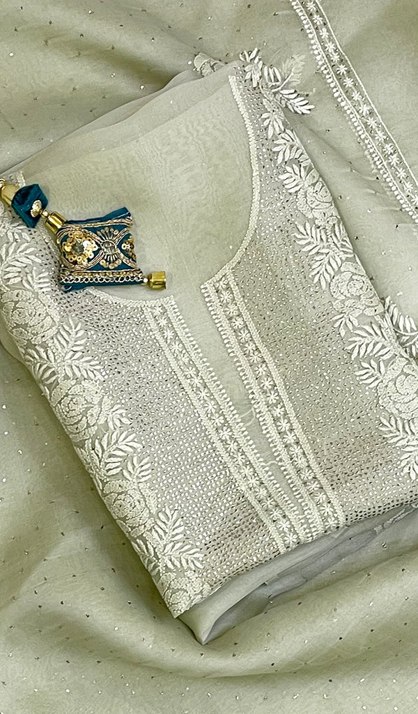 Green Women's Lakhnavi Handcrafted Pure Organza Chikankari Unstitched Kurta And Dupatta Set