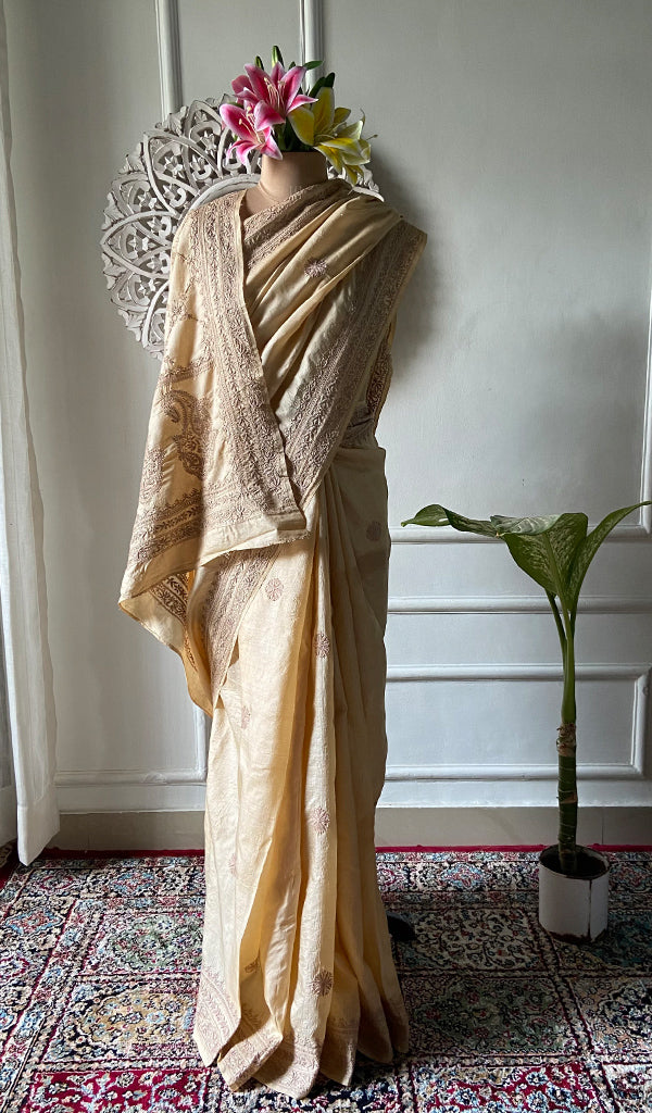 Women's Lakhnavi Handcrafted Tussar Silk Chikankari Saree - HONC0342570