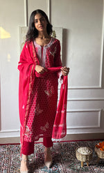 Load image into Gallery viewer, Women&#39;s Lakhnavi Handcrafted Mul Chanderi Chikankari Stitched Kurta, Dupatta And Pant Set - HONC0314455
