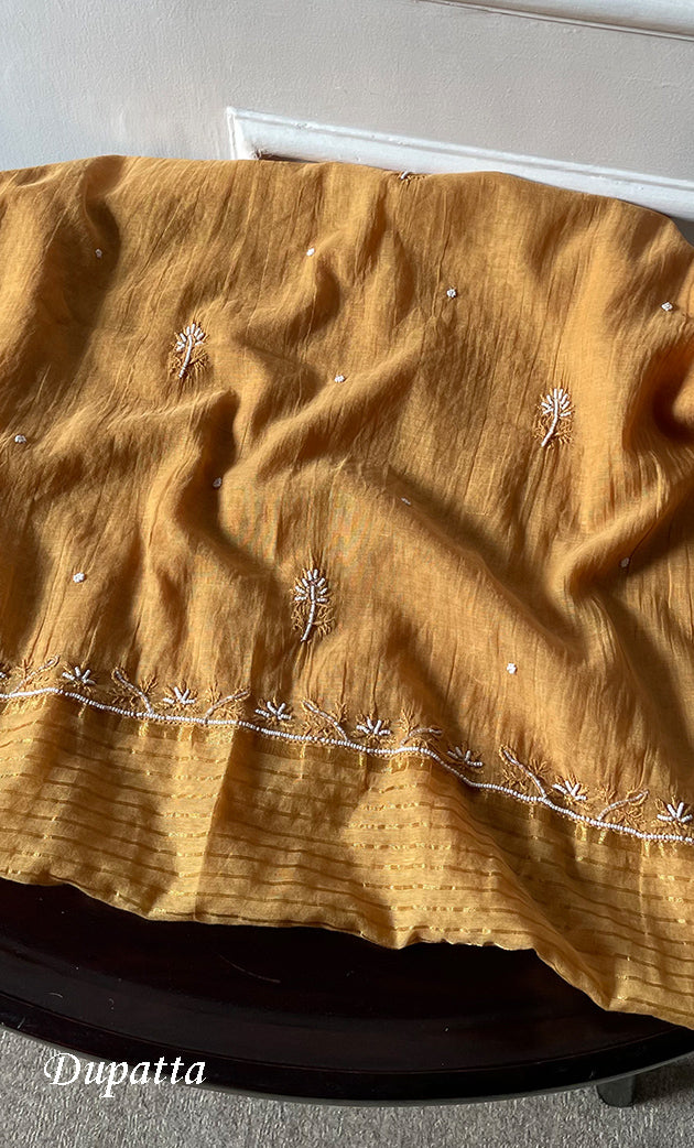 Women's Lucknowi Handcrafted Chanderi Silk Unstitched Chikankari Full Suit Material - HONC0278003