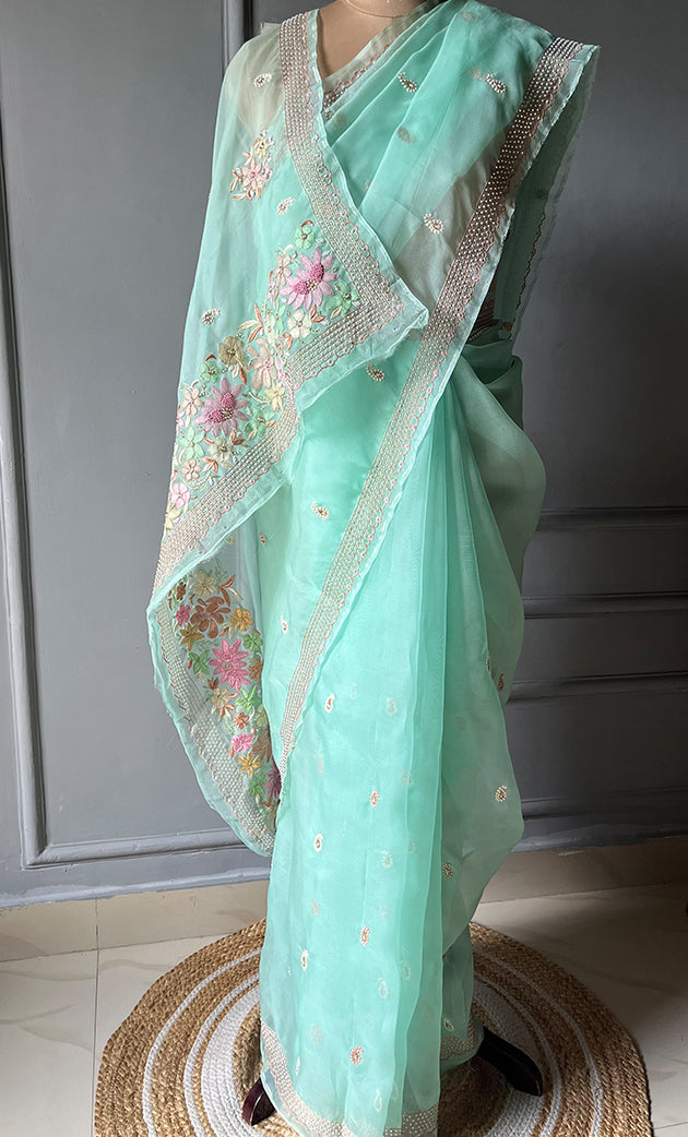 Women's Lucknowi Handcrafted Pure Organza Silk Chikankari Saree - HONC0287002