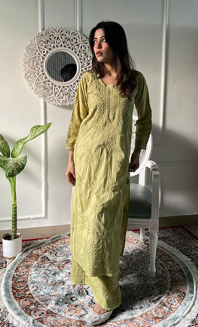 Women's Lakhnavi Handcrafted Chanderi Silk Chikankari Top And Pant Set - HONC0320578