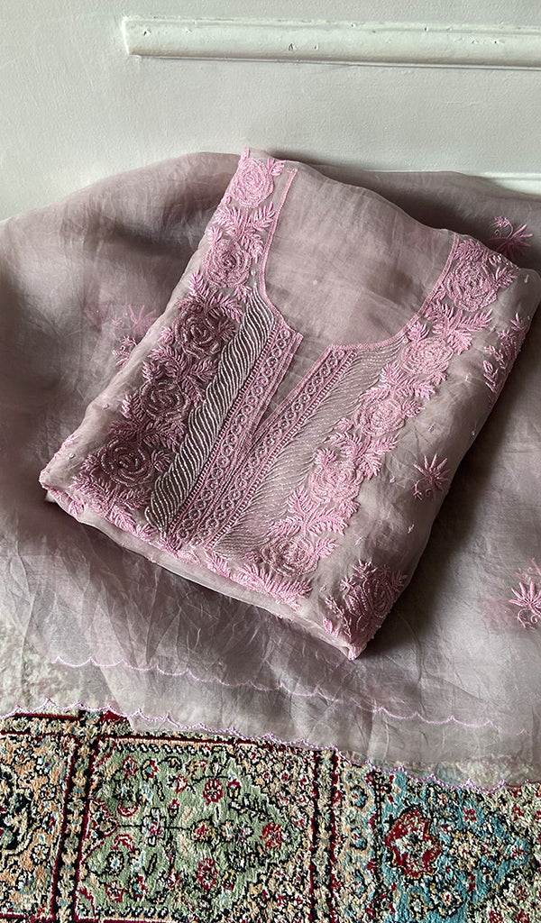 Women's Lakhnavi Handcrafted Pure Organza Chikankari Unstitched Kurta And Dupatta Set- HONC0361456