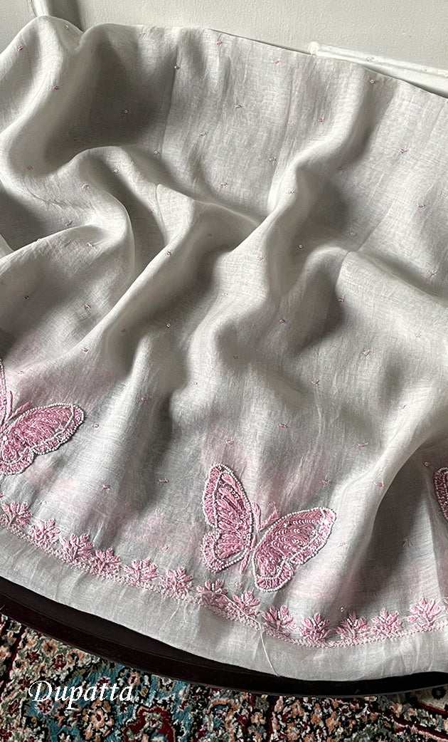 Women's Lakhnavi Handcrafted Unstitched Mul Chanderi Kurta And Dupatta Set - HONC0302863