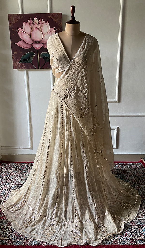 Women's Lakhnavi Handcrafted Bridal Tissue Chanderi Chikankari Lehenga Set - HONC0353217