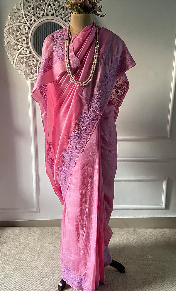 Women's Lakhnavi Handcrafted Tussar Silk Chikankari Saree - HONC0284160