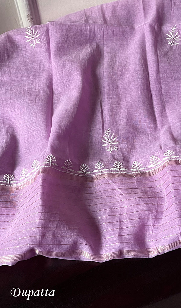 Women's Lakhnavi Handcrafted Mul Chanderi Chikankari Semi - Stitched Kurta Dupatta Set - HONC0235319