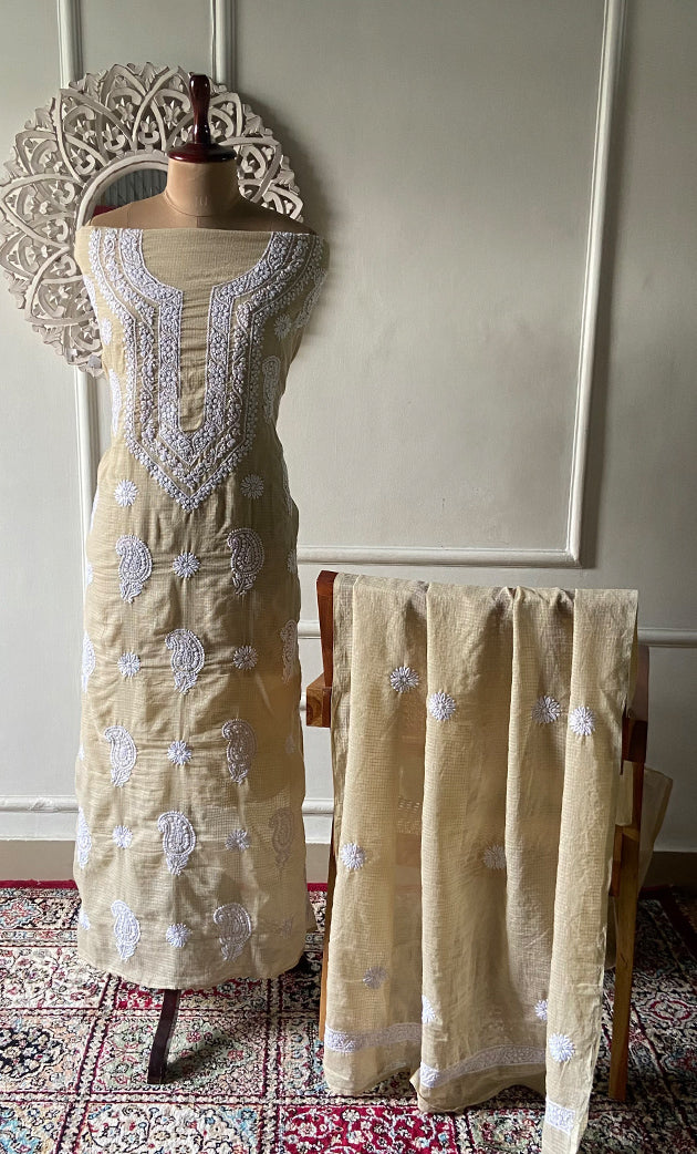Women's Lucknowi Handcrafted Kota Cotton Chikankari Unstitched Kurta And Dupatta Set - HONC0340099