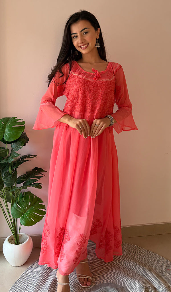 Aadab Women's Lucknowi Handcrafted Faux-Georgette Chikankari Anarkali Dress - NC038960