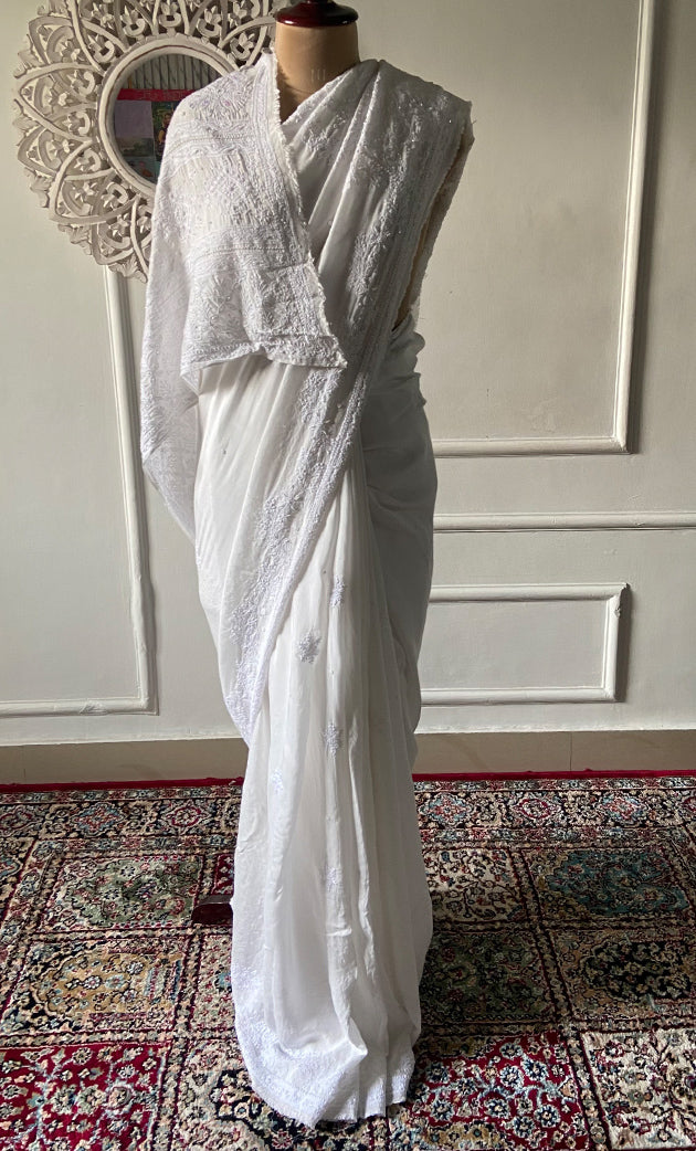 Women's Lakhnavi Handcrafted Viscose Georgette Chikankari Saree - HONC0278733