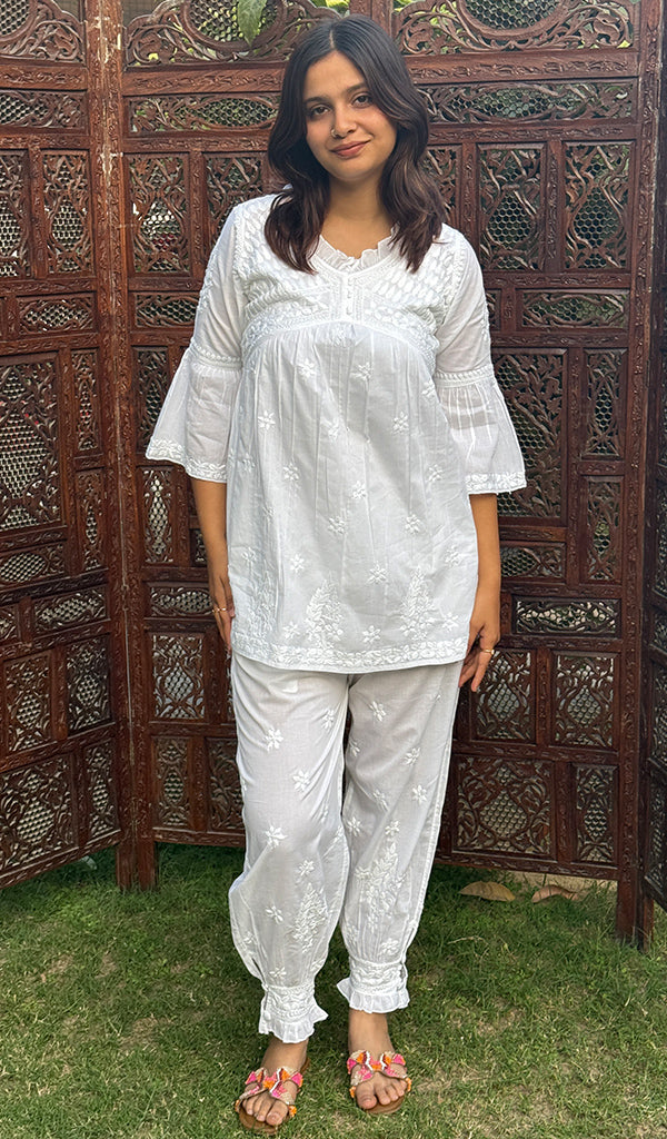 Rania Women's Lakhnavi Handcrafted Cotton Chikankari Kurta And Palazzo Set - HONC0270133