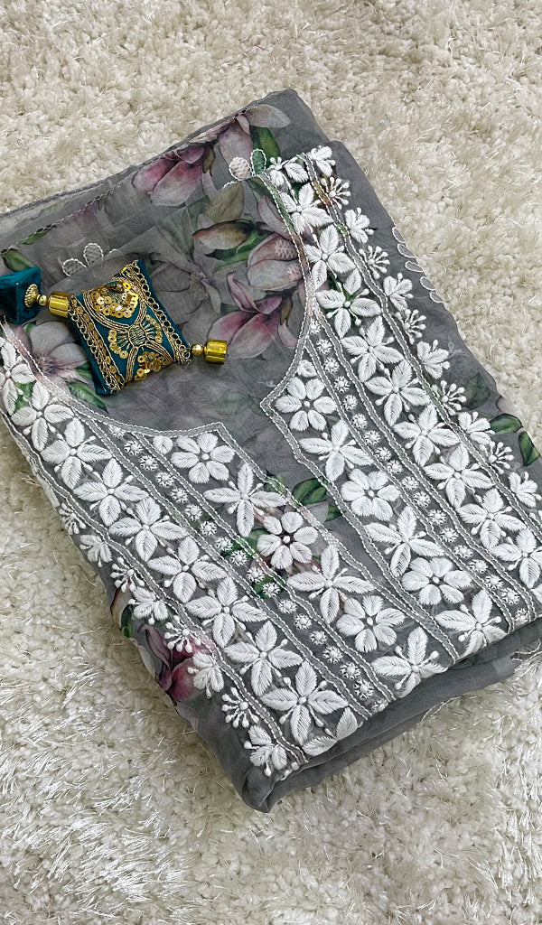 Women's Lakhnavi Handcrafted Organza Chikankari Unstitched Kurti Fabric - HONC0165688