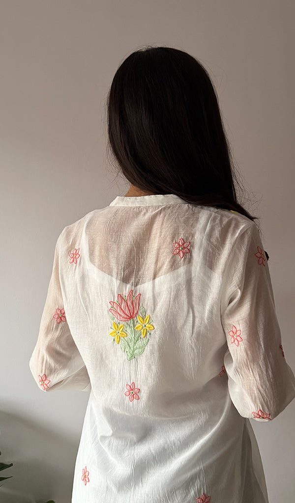 Sophia Women's Lakhnavi Handcrafted Mul Chanderi Chikankari Top - HONC0372954