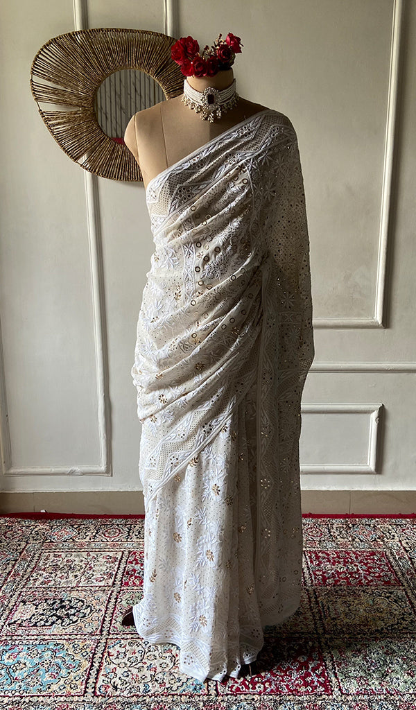 Women's Lakhnavi Handcrafted Pure Silk Georgette Chikankari Saree- HONC0323517