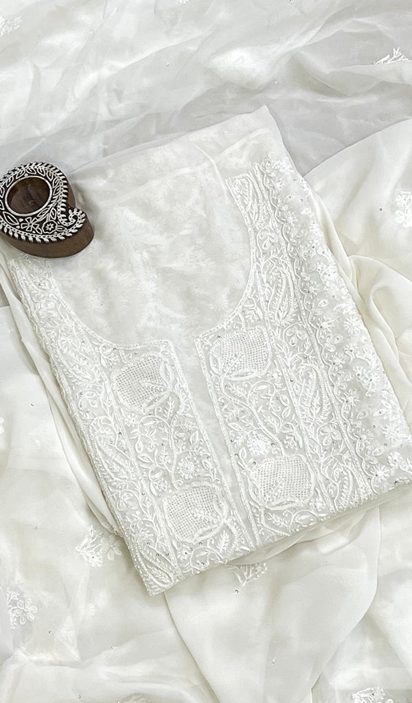 Women's Lakhnavi Handcrafted Pure Silk Georgette Chikankari Kurta And Dupatta Set- HONC0187322