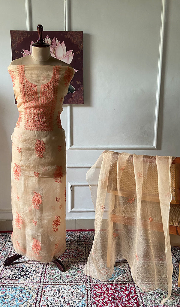 Women's Lakhnavi Handcrafted Pure Organza Chikankari Unstitched Kurta And Dupatta Set- HONC0365702