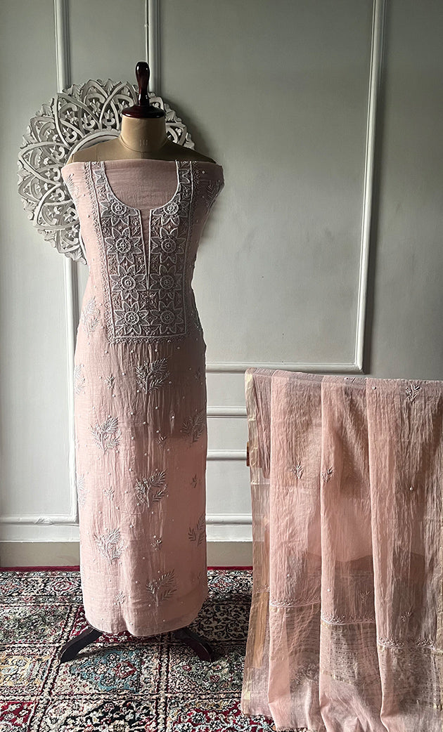 Women's Lakhnavi Handcrafted Mul Chanderi Unstitched Kurta And Dupatta Set- HONC0319474