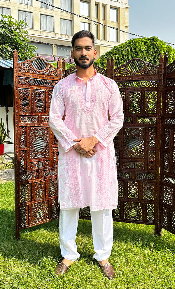 Men's Lucknowi Handcrafted Cotton Chikankari Kurta - HONC0303102