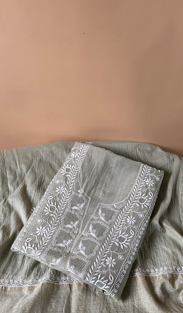 Women's Lakhnavi Handcrafted Mul Chanderi Unstitched Chikankari Full Suit Material - HONC0363740