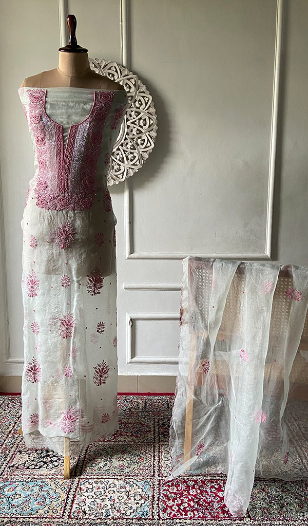 Rose Women's Lakhnavi Handcrafted Pure Organza Chikankari Unstitched Kurta And Dupatta Set- HONC0368733