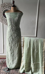 Load image into Gallery viewer, Women's Lakhnavi Handcrafted Unstitched Munga Silk Chikankari Kurta And Dupatta Set- HONC0274528