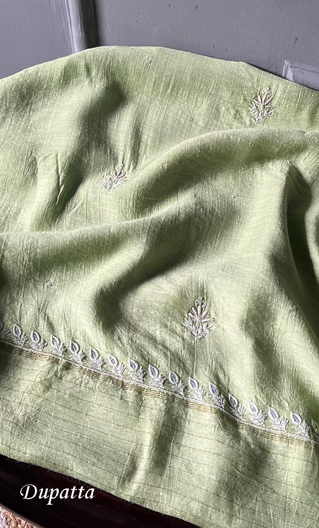 Women's Lakhnavi Handcrafted Munga Silk Chikankari Kurta And Dupatta Set- HONC0278122