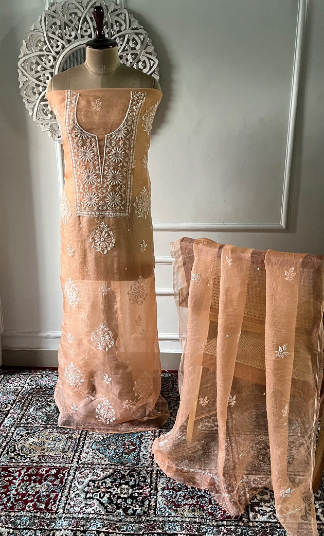 Women's Lakhnavi Handcrafted Pure Organza Chikankari Unstitched Kurta And Dupatta Set- HONC0307946