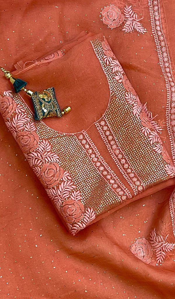 Rose Women's Lakhnavi Handcrafted Pure Organza Chikankari Unstitched Kurta And Dupatta Set- HONC0174063