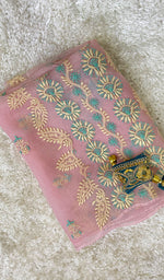 将图像加载到图库查看器中， Lucknowi Handcrafted Pure Organza Silk Chikankari Unstitched Kurti Fabric - HONC0147323
