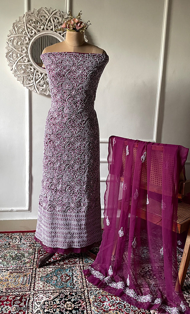 Women's Lucknowi Handcrafted Faux-Georgette Chikankari Suit Material - HONC03263374