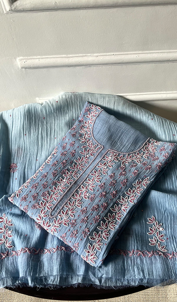 Saziya Women's Lakhnavi Handcrafted Mul Chanderi Semi - stitched Chikankari Full Suit Material - HONC0321285