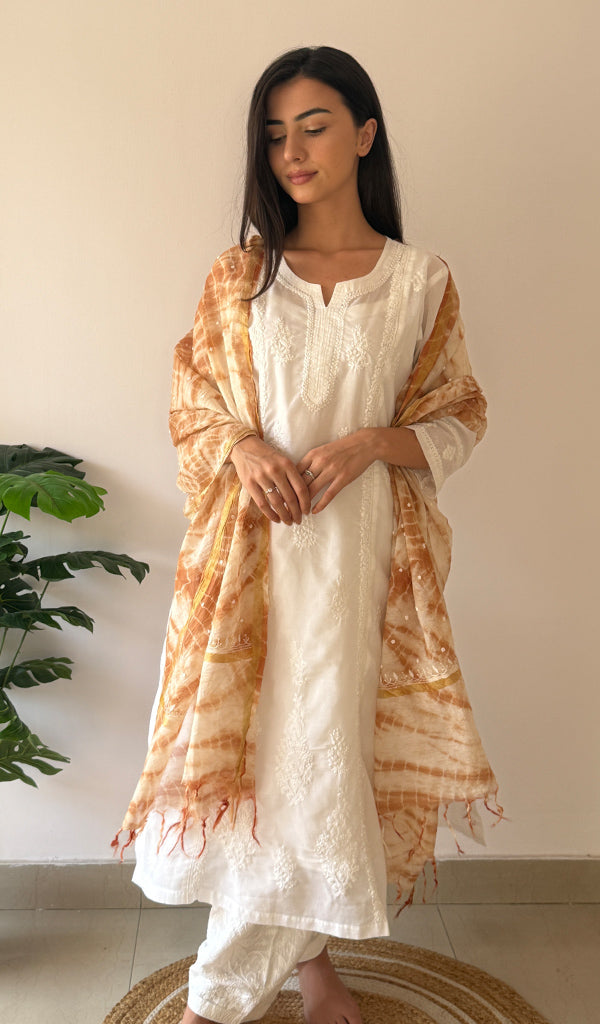 Women's Lakhnavi Handcrafted Mul Chanderi Chikankari Dupatta - HONC0349241