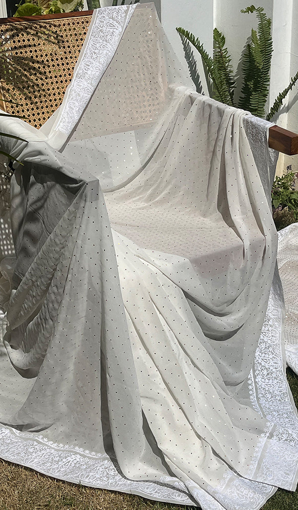 Women's Lakhnavi Handcrafted Pure Silk Georgette Chikankari Saree- HONC0260889
