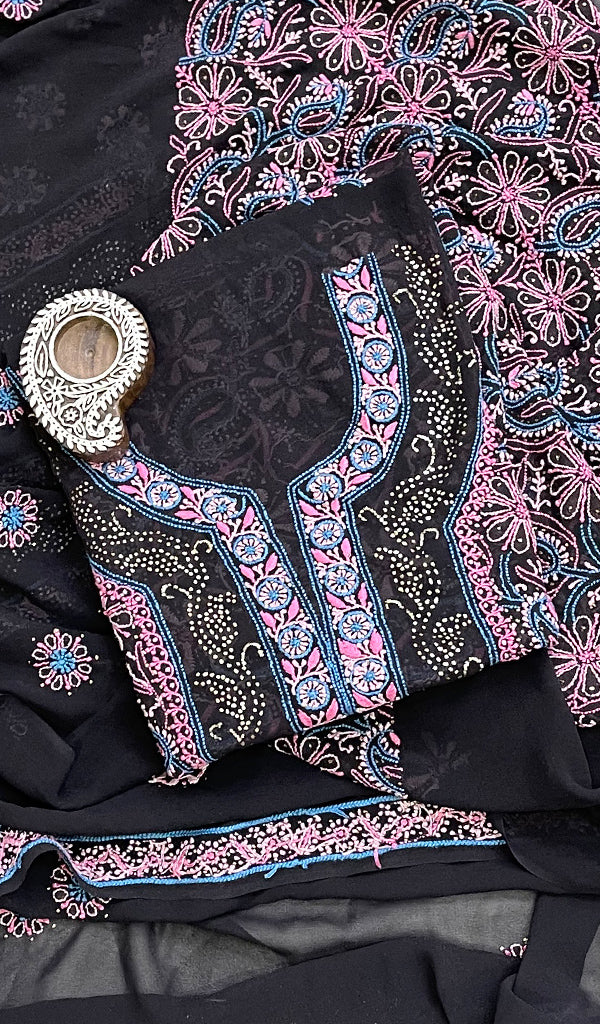 Women's Lakhnavi Handcrafted Pure Silk Georgette Chikankari Kurta And Dupatta Set- NC072927