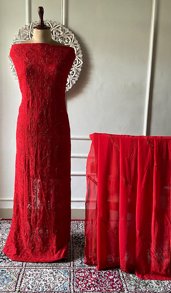 Women's Lucknowi Handcrafted Viscose Georgette Unstitched Chikankari Suit Material - HONC0317983