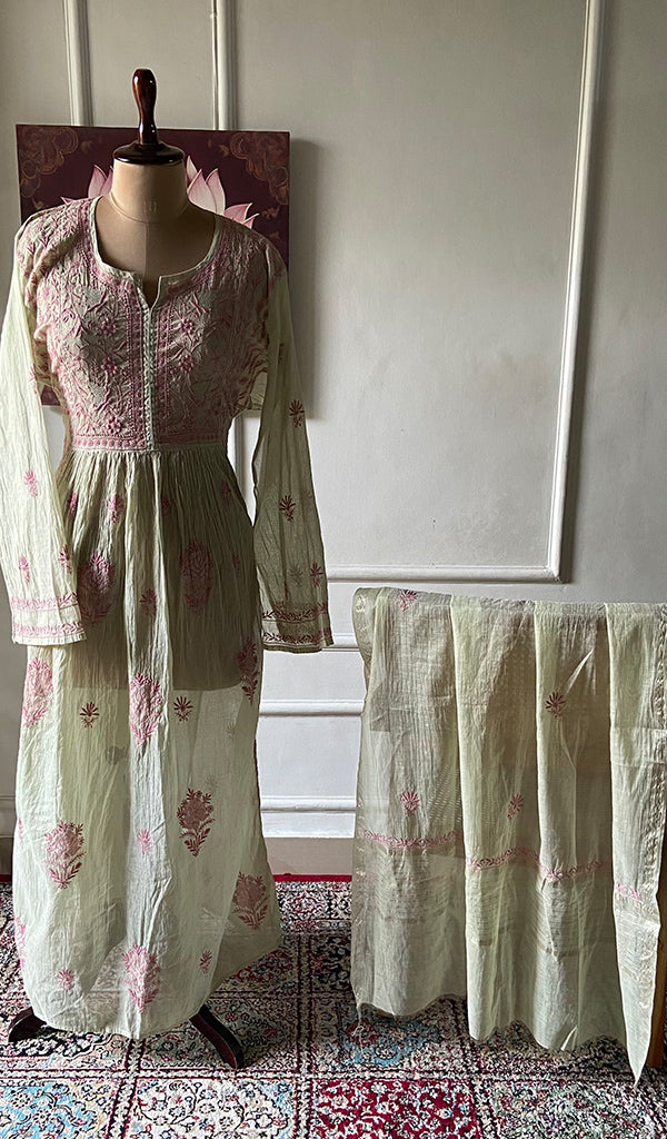 Women's Lakhnavi Handcrafted Mul Chanderi Unstitched Chikankari Full Suit - HONC0284754